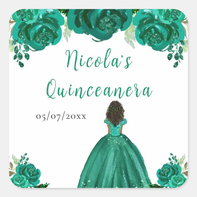 Dark Skin Princess Green Floral Quinceanera Quadratischer Aufkleber (Vorderseite)