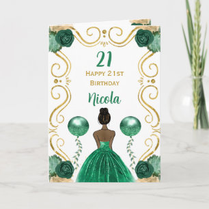 Dark Skin Princess Green Happy Birthday Karte