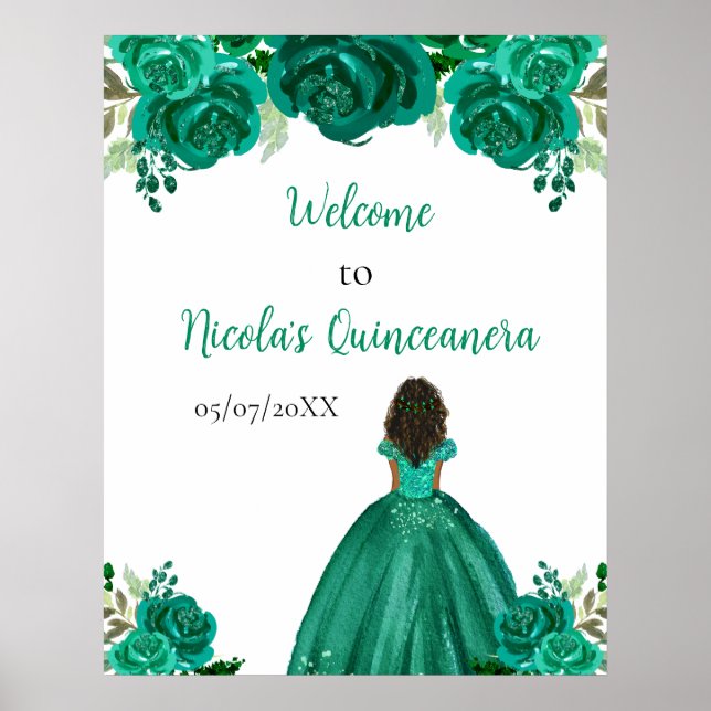 Dark Skin Princess Green Quinceanera Welcome Poster (Vorne)