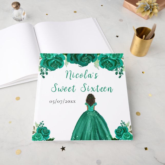 Dark Skin Princess Green Sweet Sixteen Guest Book Gästebuch (Vorderseite offen)