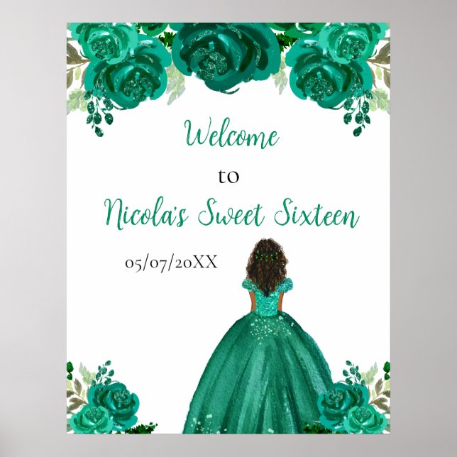 Dark Skin Princess Green Sweet Sixteen Welcome Poster (Vorne)