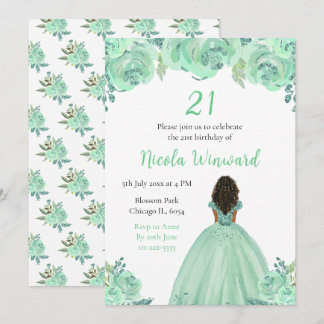 Dark Skin Princess Minze Floral Geburtstagsparty Einladung