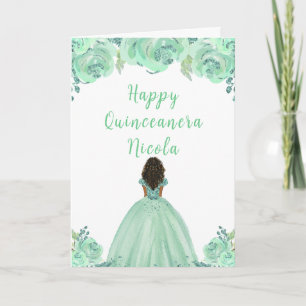 Dark Skin Princess Minze Floral Quinceanera Karte
