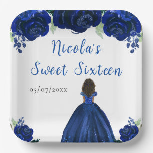 Dark Skin Princess Navy Blue Floral 16 . Geburtsta Pappteller