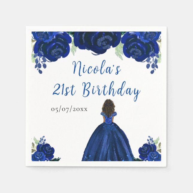Dark Skin Princess Navy Floral Birthday Party Serviette (Vorderseite)