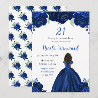 Dark Skin Princess Navy Floral Geburtstagsparty Einladung