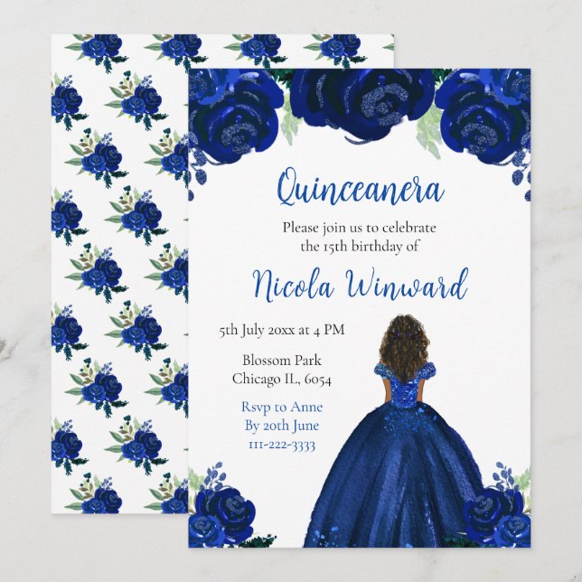 Dark Skin Princess Navy Floral Quinceanera Einladung (Vorne/Hinten)