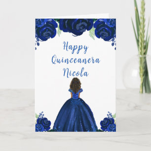Dark Skin Princess Navy Floral Quinceanera Karte