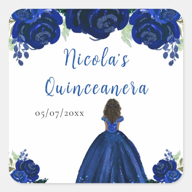 Dark Skin Princess Navy Floral Quinceanera Quadratischer Aufkleber (Vorderseite)
