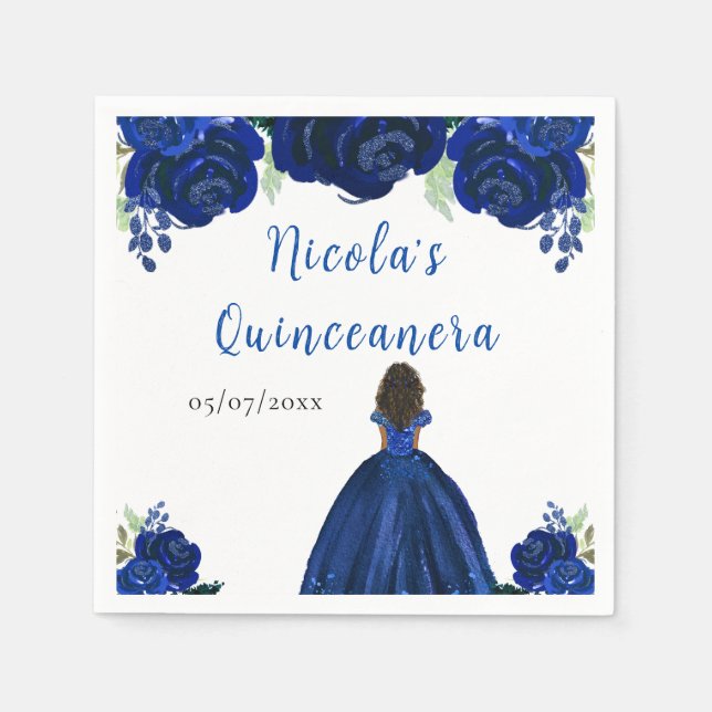 Dark Skin Princess Navy Floral Quinceanera Serviette (Vorderseite)