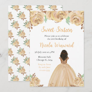 Dark Skin Princess Peach Floral 16 . Geburtstag Einladung