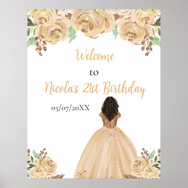 Dark Skin Princess Peach Floral Birthday Welcome Poster (Vorne)