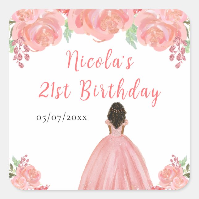 Dark Skin Princess Pink Floral Birthday Party Quadratischer Aufkleber (Vorderseite)
