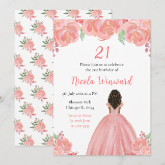 Dark Skin Princess Pink Floral Geburtstagsparty Einladung
