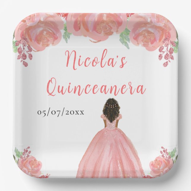 Dark Skin Princess Pink Floral Quinceanera Pappteller (Vorderseite)