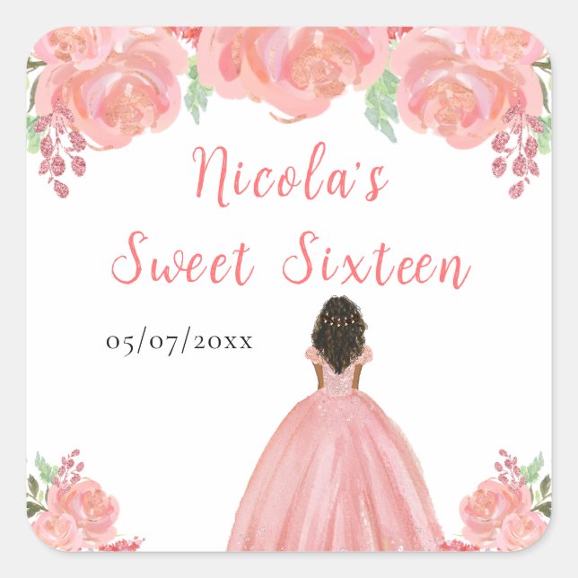Dark Skin Princess Pink Floral Sweet Sixteen Quadratischer Aufkleber (Vorderseite)