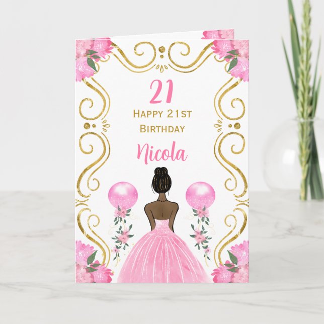 Dark Skin Princess Pink Happy Birthday Karte (Vorderseite)
