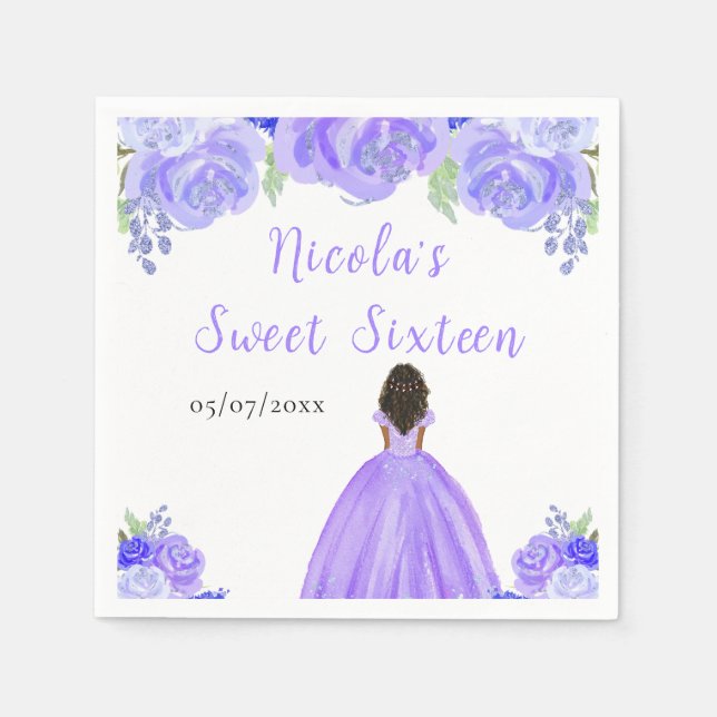 Dark Skin Princess Purple Floral Sweet Sixteen Serviette (Vorderseite)