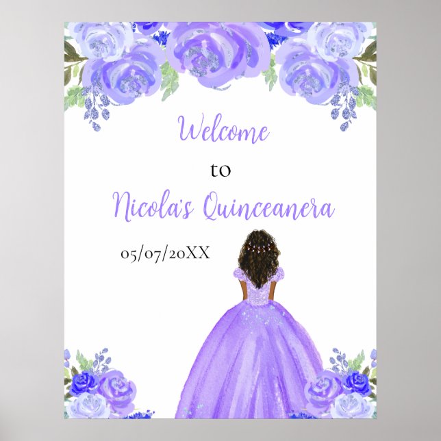 Dark Skin Princess Purple Quinceanera Welcome Poster (Vorne)