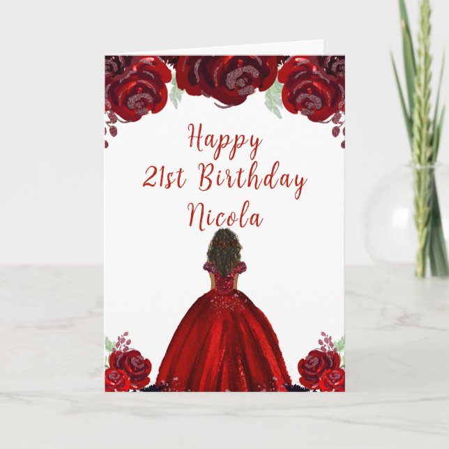 Dark Skin Princess Red Floral Birthday Karte (Vorderseite)