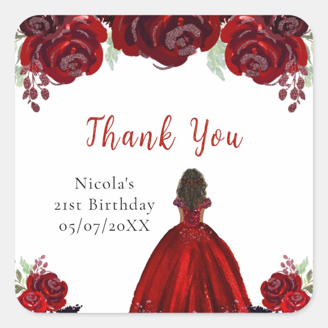 Dark Skin Princess Red Floral Birthday Quadratischer Aufkleber (Vorderseite)