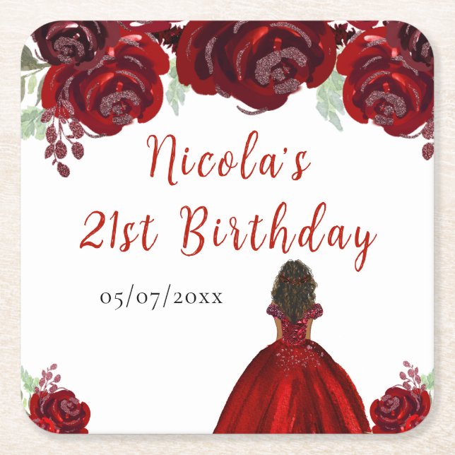 Dark Skin Princess Red Floral Birthday Rechteckiger Pappuntersetzer (Vorderseite)