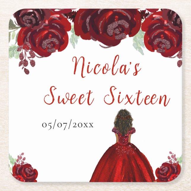Dark Skin Princess Red Floral Sweet Sixteen Rechteckiger Pappuntersetzer (Vorderseite)