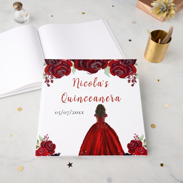 Dark Skin Princess Red Quinceanera Guest Book Gästebuch (Vorderseite offen)