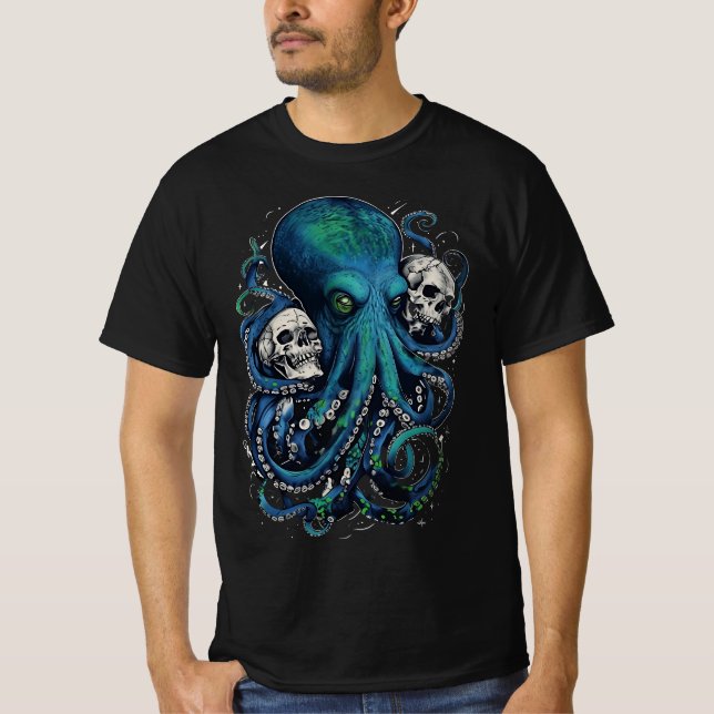 Dark Skull Art - Gothic Octopus Horror T - Shirt (Vorderseite)