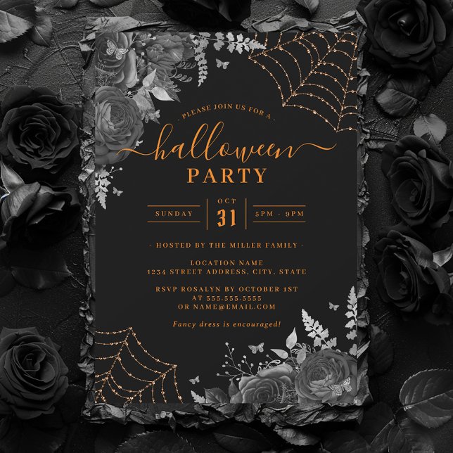 Dark Spooky Floral Cobwebs Orange Halloween-Party Einladung (Von Creator hochgeladen)