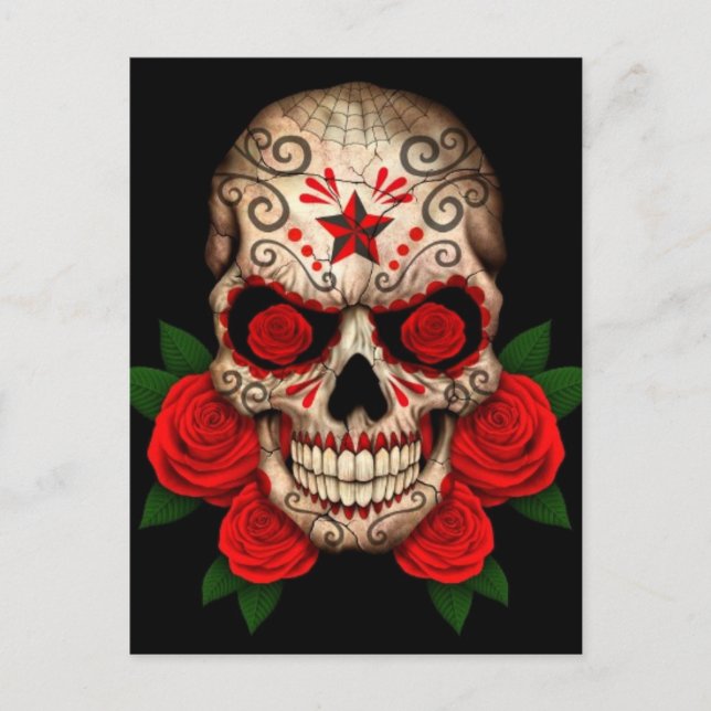 Dark Sugar Skull mit Rote Rosen Postkarte (Vorderseite)