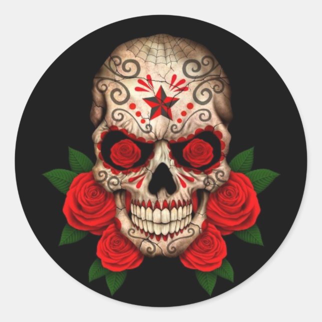 Dark Sugar Skull mit Rote Rosen Runder Aufkleber (Vorderseite)