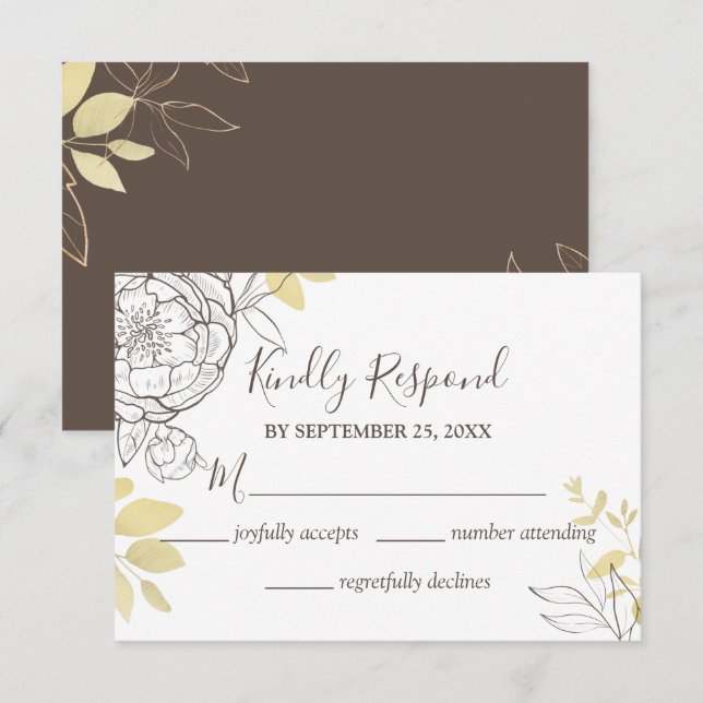 Dark Taupe & Gold Peony Floral Wedding RSVP Card Karte (Vorne/Hinten)