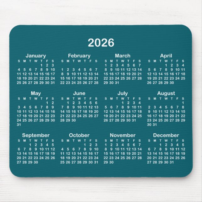 Dark Teal and White 2026 Calendar Mousepad (Vorne)