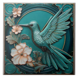 Dark teal faux relief Art Nouveau Hummingbird L Fliese