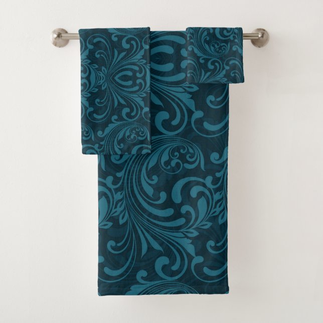 Dark teal floral damask pattern badhandtuch set (Insitu)