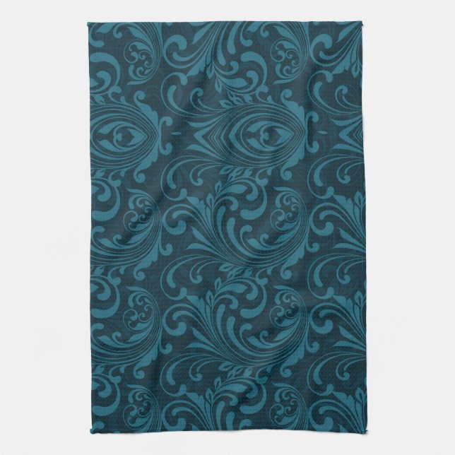 Dark teal floral damask pattern geschirrtuch (Vertikal)