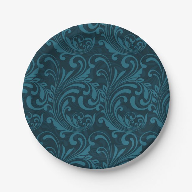 Dark teal floral damask pattern pappteller (Vorderseite)