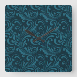 Dark teal floral damask pattern quadratische wanduhr