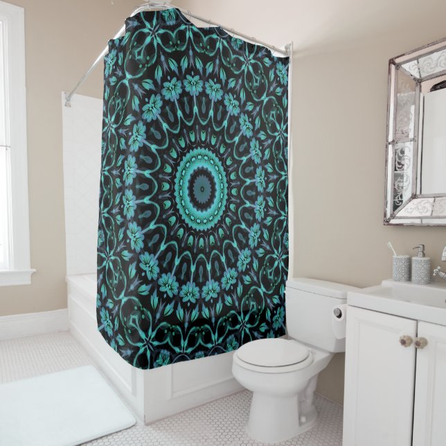 Dark Teal Floral Noir Mandala Duschvorhang (Beispiel)