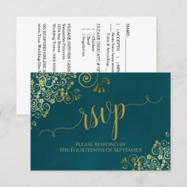 Dark Teal & Gold Elegant Lacy Calligraphy Wedding RSVP Karte