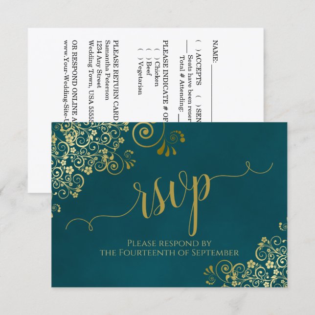 Dark Teal & Gold Elegant Lacy Calligraphy Wedding RSVP Karte (Vorne/Hinten)