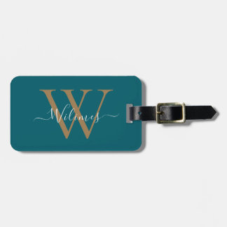 Dark Teal Gold Monogram Script Name Stylish Gepäckanhänger