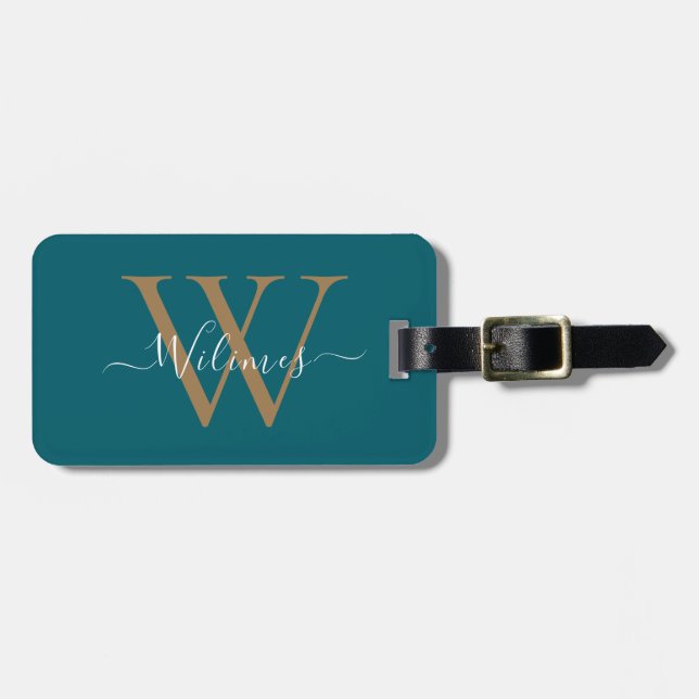 Dark Teal Gold Monogram Script Name Stylish Gepäckanhänger (Vorderseite horizontal)