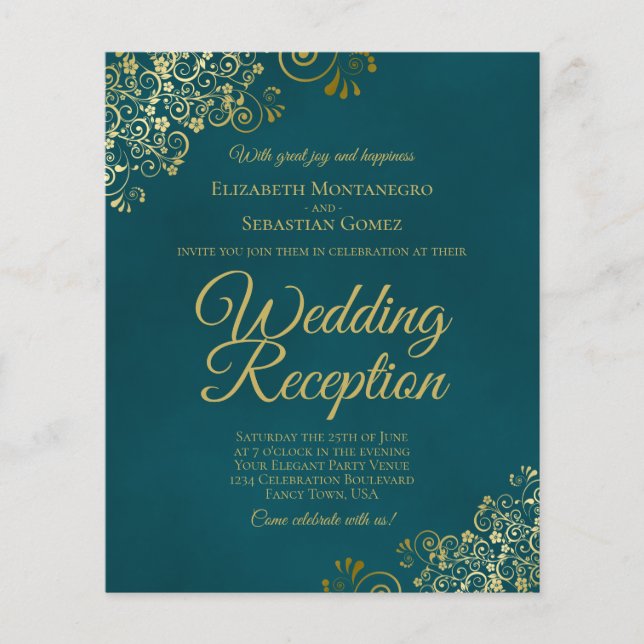 Dark Teal & Gold Wedding Reception BUDGET Invite (Vorderseite)
