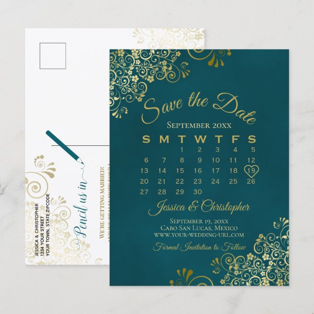 Dark Teal & Gold Wedding Save the Date Calendar Ankündigungspostkarte (Vorne/Hinten)