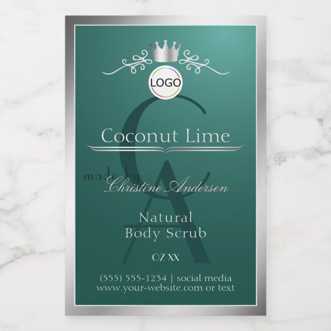 Dark Teal Product Label Silver Frame Logo Monogram Lebensmitteletikett (Einzelnes Label)