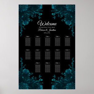 Dark Teal Roses Wedding Seating Chart Poster