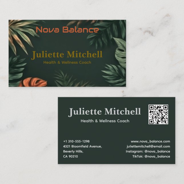Dark Teal Tropical Elegant Wellness Business Card Visitenkarte (Vorne/Hinten)