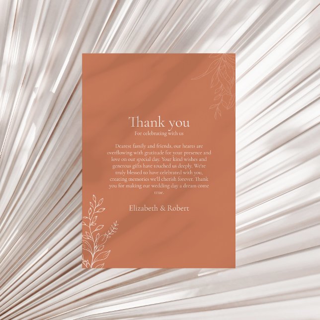 Dark Terracotta Botanical Thank You Card Dankeskarte (Dark Terracotta Botanical Thank You Card on a sunny neutral dry palm leaf.)